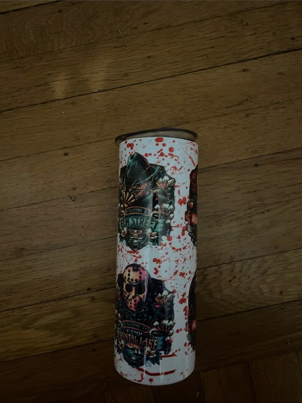 Amazon White Graphic Travel Tumbler with Horror Character Art and Red Splatter